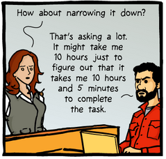 woman says: How about narrowing it down? Man: That's asking a lot. It might take me 10 hours just to figure out that it takes me 10 hours and 5 minutes to complete the task.