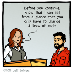 woman: Before you continue, know that I can tell from a glance that you only have to change 3 lines of code